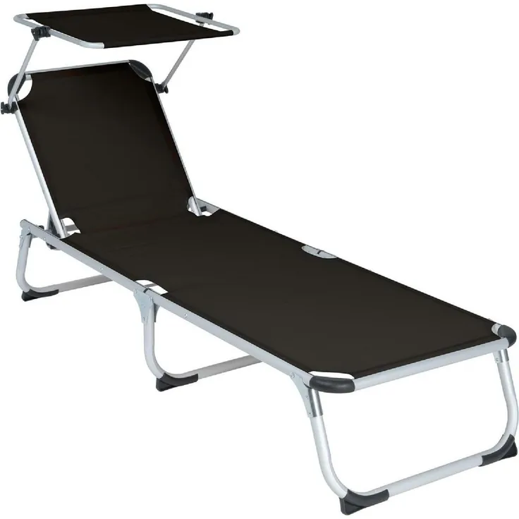 VCM Sonnenliege, klappbare Gartenliege mit Sonnendach, 5-fach verstellbar, schwarz, 187x57x30cm, Belastbarkeit 120 kg