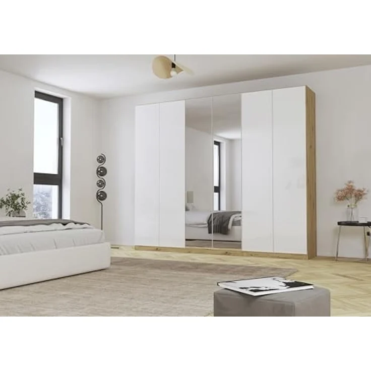 Rauch Möbel Alabama, Kleiderschrank für Schlafzimmer, Kinderzimmer, Wohnzimmer, Garderobe, Flur, 6-türig, Spiegel, mit Zubehör Classic, Farbe Weiß Hochglanz/Eiche Artisan, Holz, Breite 271 cm – Bild 2