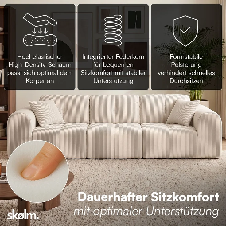 skølm 'Vanaheim' Sofa 3 Sitzer mit 2 Kissen, Cloud Sofa Cord beige, Vollschaumcouch it Federkern und Vakuum-Kompression, kein Aufbau erforderlich – Bild 2