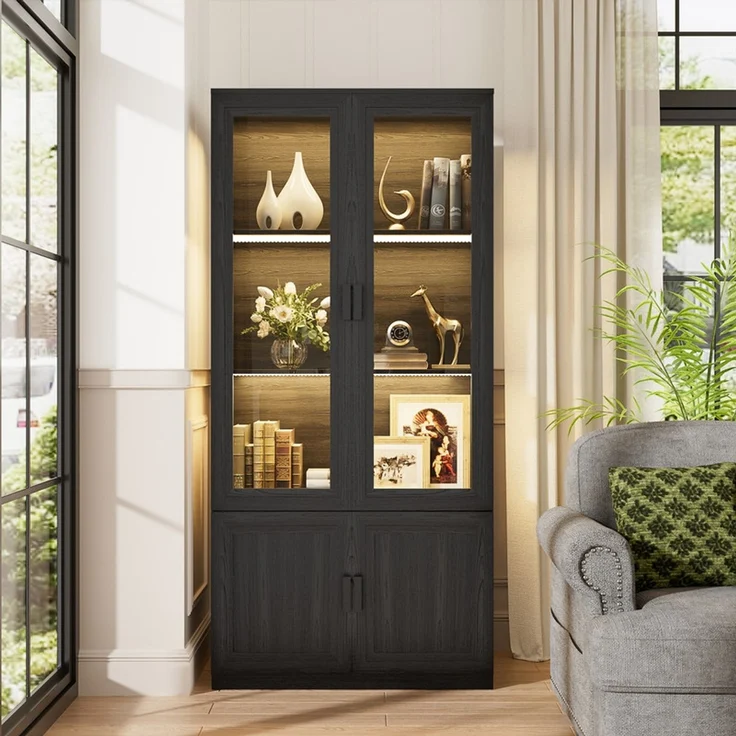 Vitrinenschrank mit 3 offenen Regalen und Acryl-Türen, LED-Beleuchtung und Magnetverschluss, Schwarz – Bild 1
