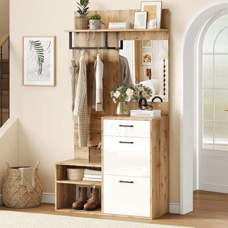 Faumrta 100*38.5*190cm Garderoben-Set mit Spiegel, Schuhbank, Schuhschrank, Flurschrank, Hängeschrankregal, Kompaktgarderobe, Mit 1 Schublade und 2 Schränken, viel Stauraum, Weiß + Original Holzfarbe100CM*38.5CM*190CMNaturalSpanplatte – Bild 3