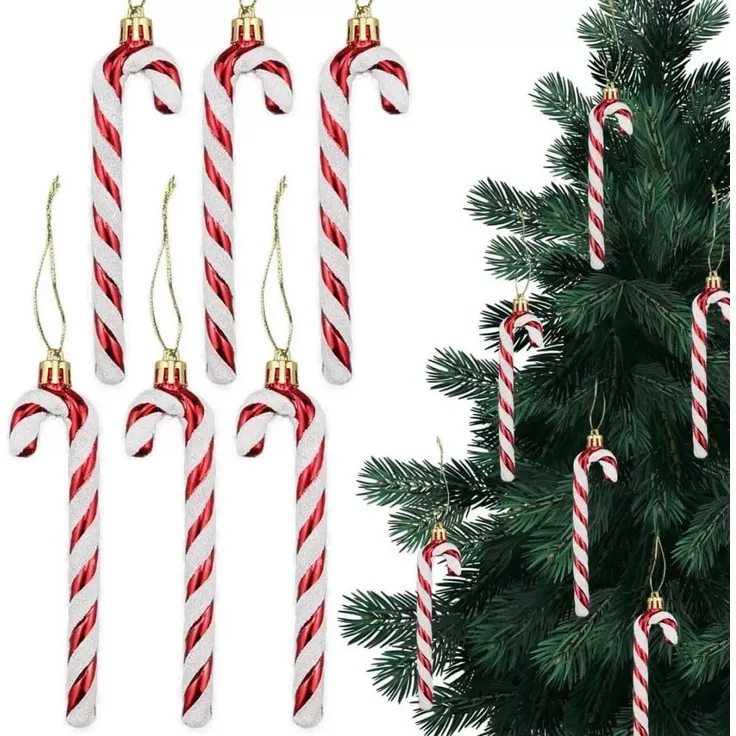 6er-Set – Zuckerstangen-Baumkugeln, glänzende Weihnachtsdeko aus Kunststoff (Rot)
