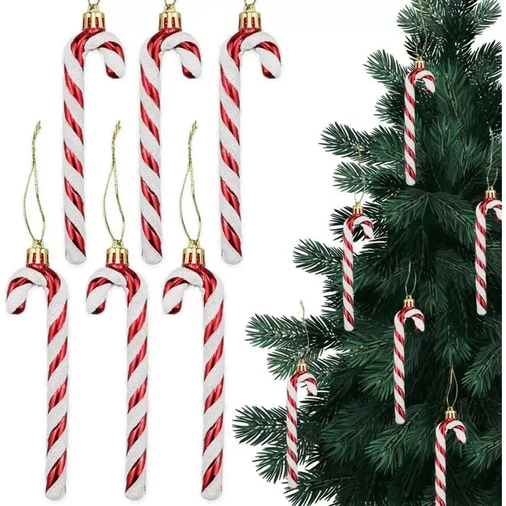 6er-Set – Zuckerstangen-Baumkugeln, glänzende Weihnachtsdeko aus Kunststoff (Rot) – Bild 1