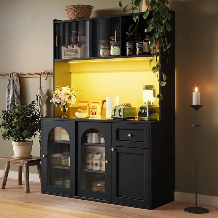 Merax Küchenschrank, Hochschrank, Vitrinenschrank, Buffetschrank mit Verstellbaren Ablagen, Esszimmerschrank, Sideboard mit LED-Beleuchtung, schwarz – Bild 6