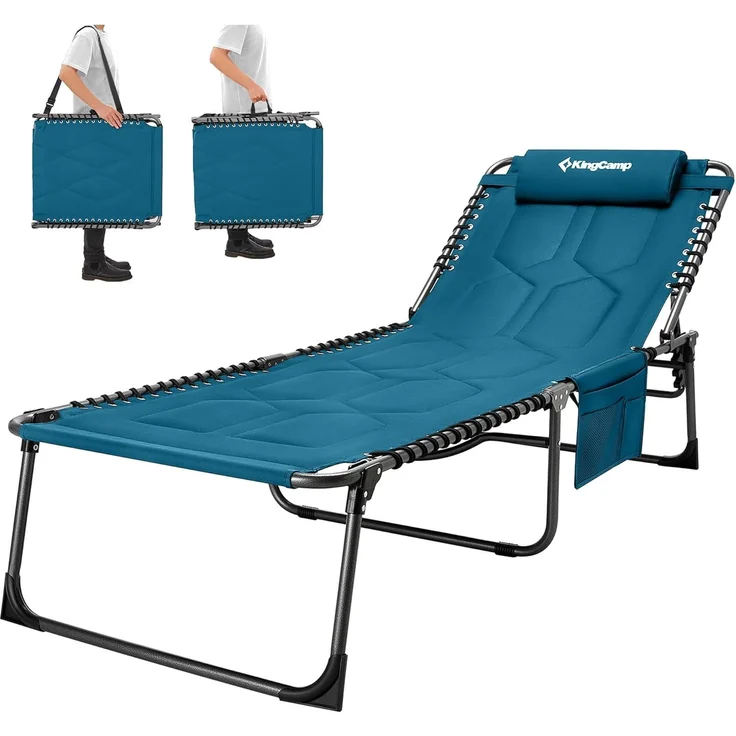 KingCamp Übergroße Sonnenliege Klappbar 5-Fach Verstellbar Gartenliege Liegestuhl Dreibeinliege Liege Campingliege mit Kopfkissen und Seitentasche bis 150 kg für Garten Urlaub Strand Pool 200x68 cm – Bild 1