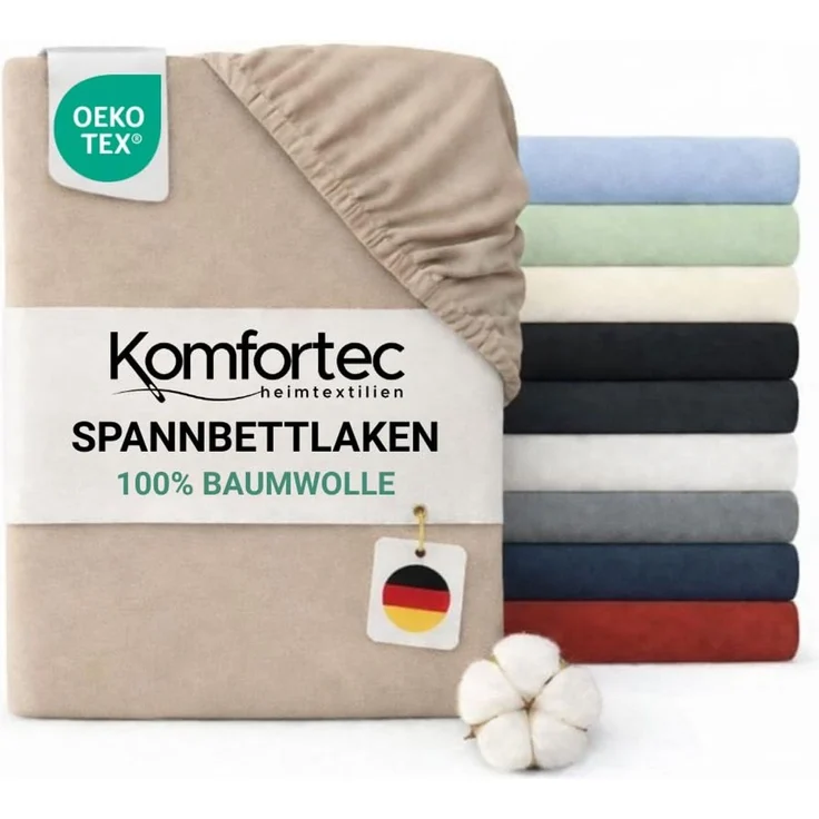 Komfortec Spannbettlaken Jersey 100% Baumwolle – 120x200 cm – 135g/m² – Weich, Atmungsaktiv & Hautfreundlich – Mit Rundumgummi – Oeko-Tex Zertifiziert – Für Boxspring, Topper & Matratzen – Beige