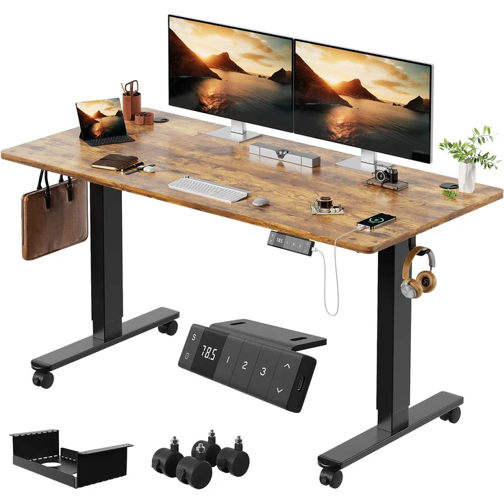 Devoko Höhenverstellbarer Schreibtisch Holzwerkstoff und Metall Braun 140 x 80 x 72-118 cm – Bild 2