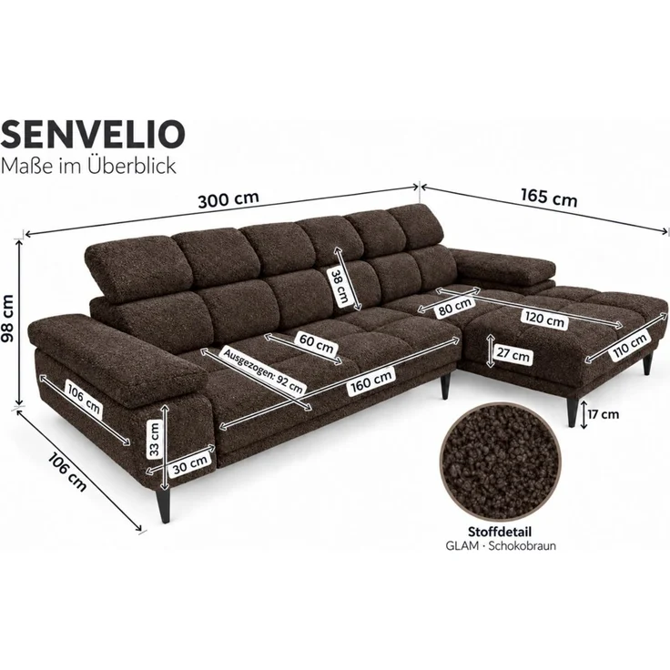 Ecksofa Schlafsofa SENVELIO RELAX inkl. Hocker Stoff Glam Schokobraun Ottomane Links – Bild 5