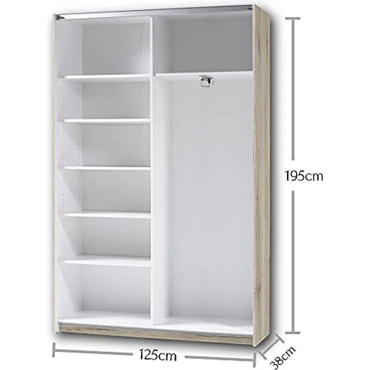 Stella Trading FAST Eleganter Kleiderschrank / Garderobenschrank mit viel Stauraum - Vielseitiger Schwebetürenschrank in San Remo Optik, weiß - 125 x 195 x 38 cm (B/H/T) – Bild 4
