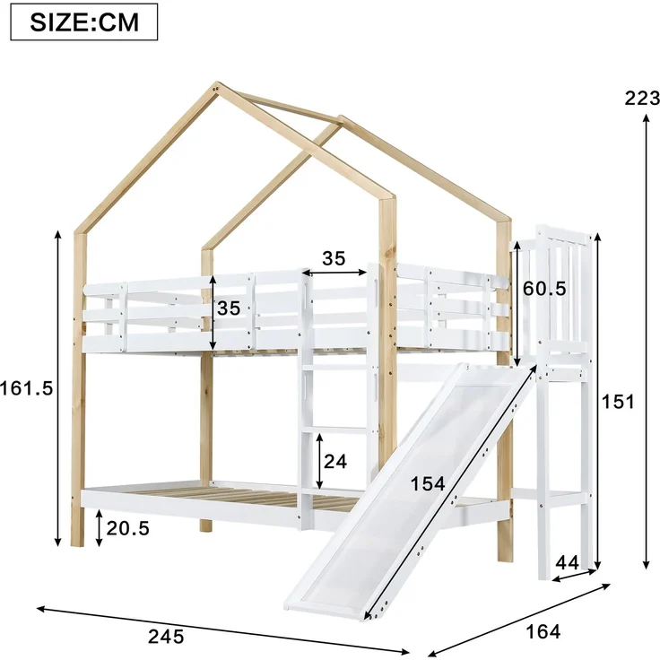 Haus-Etagenbett Kinder 90x200 Rutsche Leiter Kiefer Holz Spielbett,Weiß & Natur – Bild 8