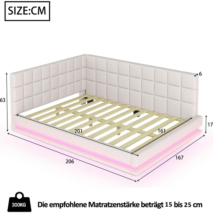 Polster Schlafsofa mit LED-Beleuchtung & USB-Ladefunktion, wandelbar,stabiler Lattenrost,bis 250kg belastbar,Beige – Bild 6