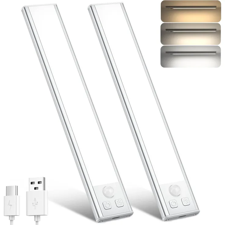 Schrankbeleuchtung LED 20.5CM 2 Stück Unterbauleuchte Küche Led mit Bewegungsmelder 3 Farbmodi Dimmbar Lampen Ohne Bohren USB-C Wiederaufladbar Nachtlicht für Kleiderschrank Treppe Küche Schlafzimmer