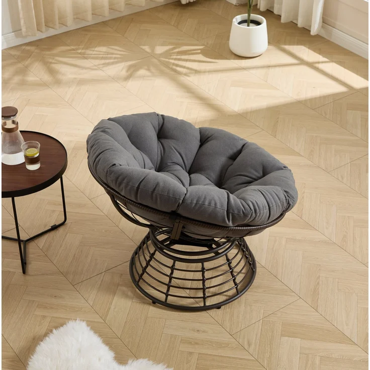 Papasan-Sessel Ø 92x67 cm mit 360°-Drehfunktion und grauem Kissen – Bild 2