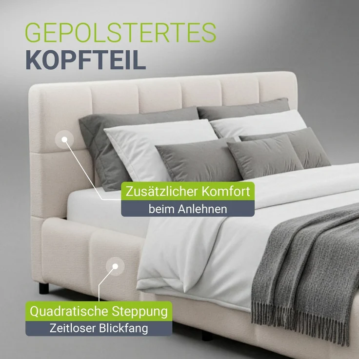 Juskys Polsterbett Florenz 140 x 200 cm mit Matratze – Bouclé, modernes Bett mit Kopf- & Fußteil, stabilem Holz- & Metallrahmen, Lattenrost, 500 kg Tragkraft – Creme – Bild 5