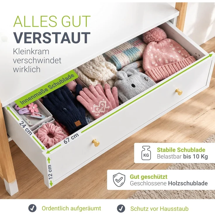 Juskys Kinder Kleiderständer Filla - große Schublade, Kleiderstange, offener Ständer - Kindergarderobe aus Holz - Mädchen & Jungs - Garderobe Weiß – Bild 2