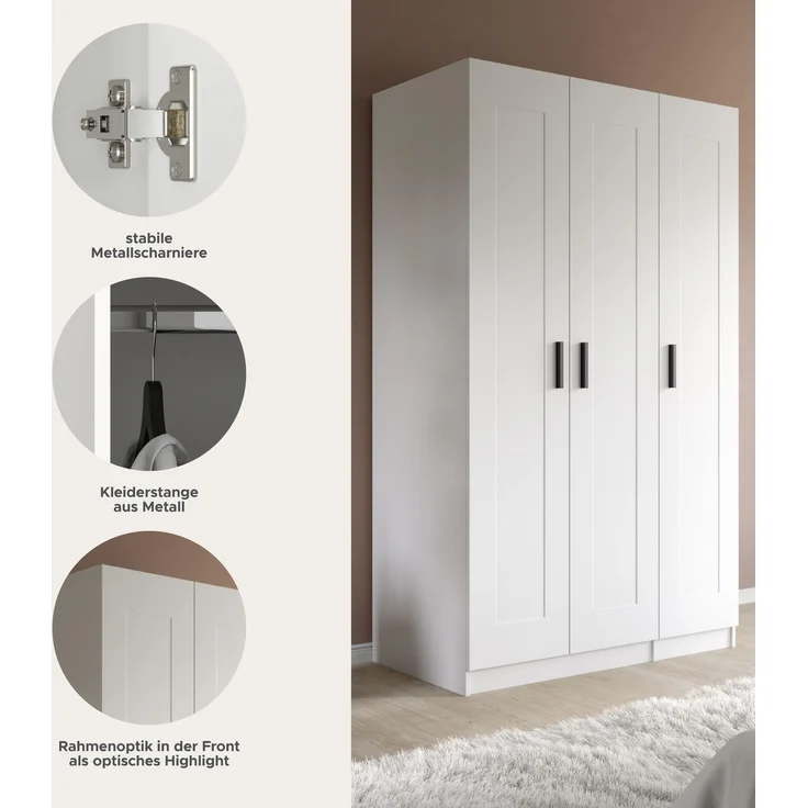 Visby Kleiderschrank 3-türig in weiß – Bild 6
