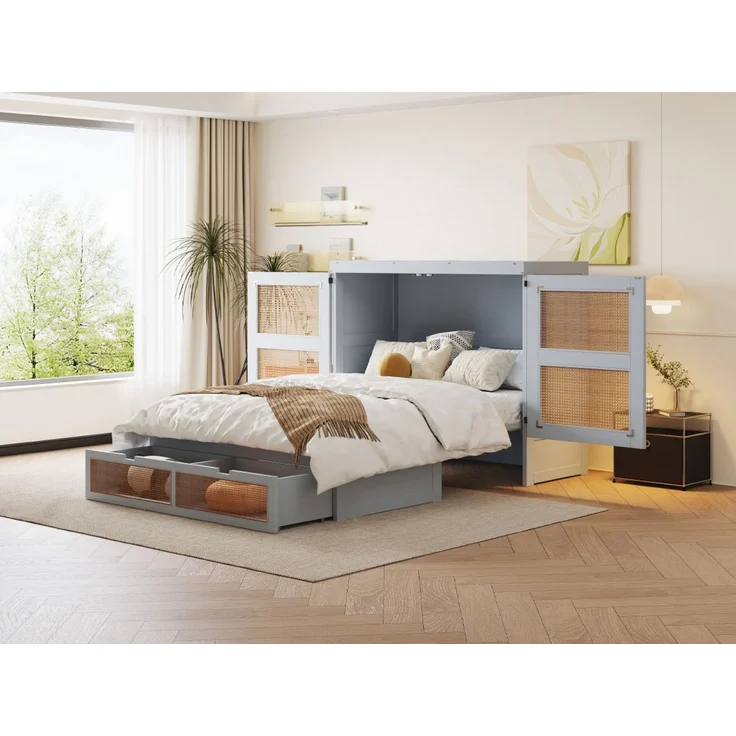 Merax Doppelbett Schrankbett 140x200 cm, Wandbett mit Lattenrost, Wandklappbett, vertikales schrankbett mit Lattenrost, mit Stauraumschubladen, Rattan-Design, Holzbetten, Grau – Bild 7