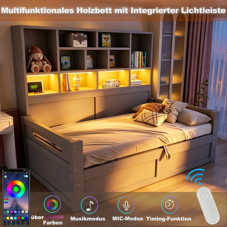 Schlafsofa aus Holz, 90 x 200 cm, Multifunktionaler Stauraum mit LED-Beleuchtung, Hydraulisches Staufach, Einzelbett, Jugendbettgestell mit Steckdosen, Grau – Bild 6