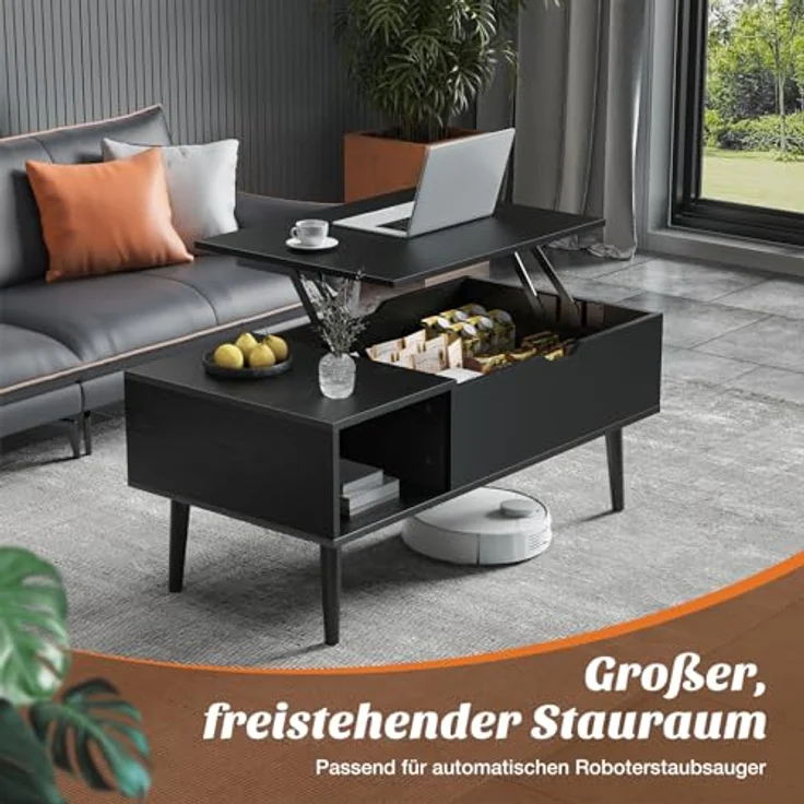 Sweetcrispy Couchtisch Höhenverstellbar, Tisch Wohnzimmertisch, offener und versteckter Stauraum Couchtisch, Sofatisch Beistelltisch, 100x50 cm Sofatisch aus Holz für Wohnzimmer, Schwarz – Bild 5