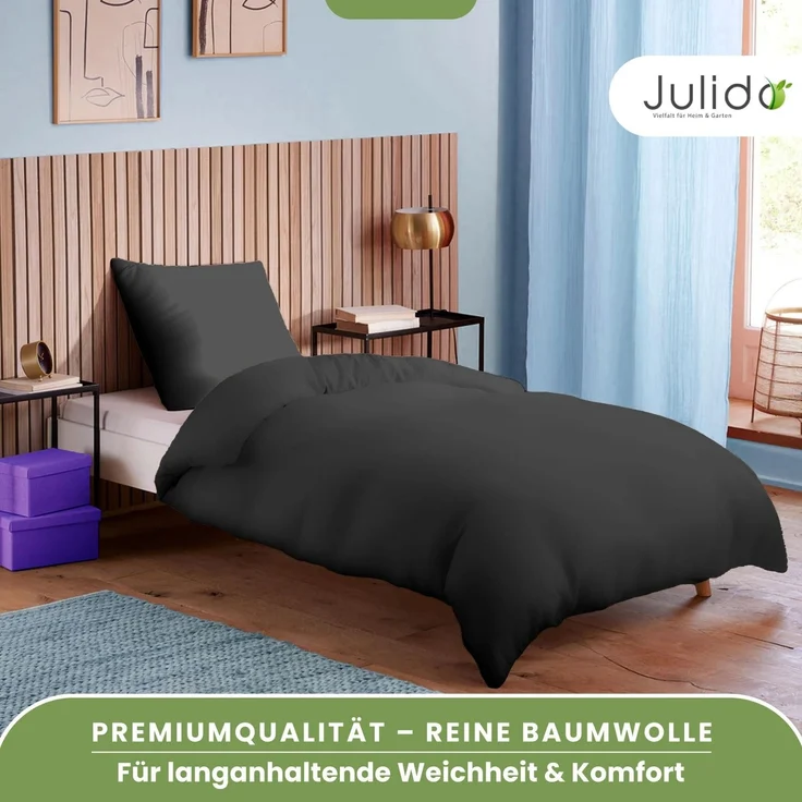 Julido Jersey Bettwäsche 155x220 80x80 Baumwolle Set Druckknopf weich Anthrazit – Bild 2