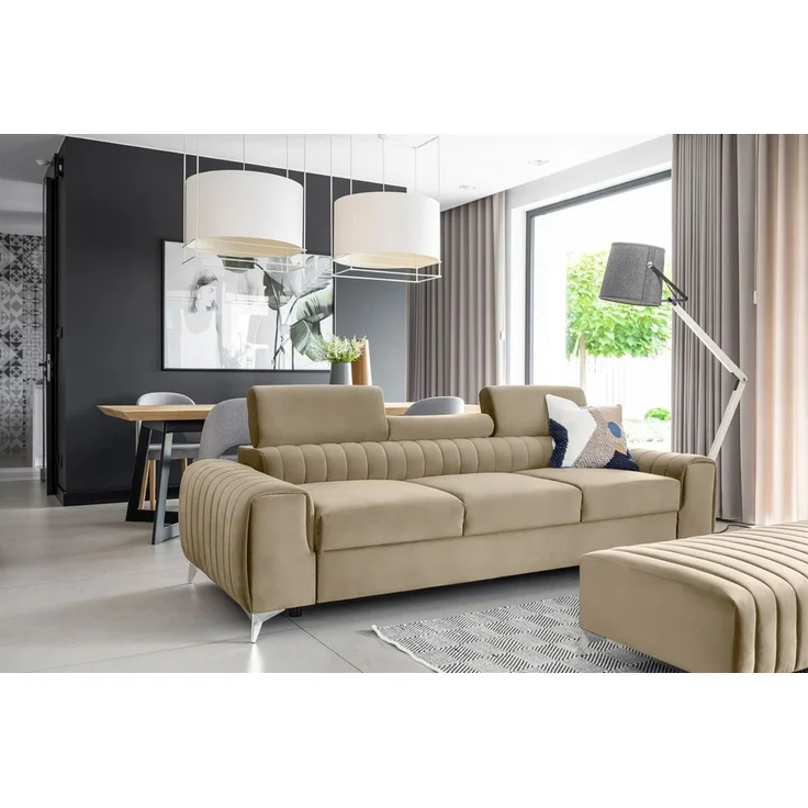 Sofa 3-Sitzer mit Schlaffunktion Schlafsofa ELENI Stoff Monolith Hellbraun – Bild 3