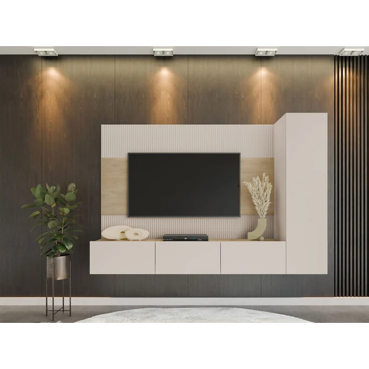 Wohnwand Deromi VI, Griffloses Öffnungssystem (Farbe: Sandbeige + Eiche Cremona) – Bild 2