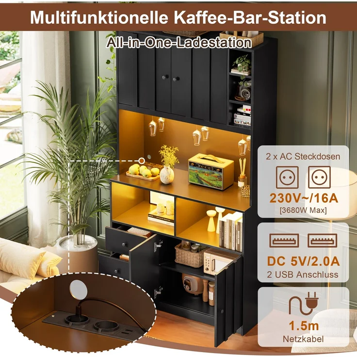 180 cm Küchenschrank, Hochschrank mit LED, Küchenregal mit Steckdose, Weinregal und Vitrine für Küche & Esszimmer--Schwarz--100x40x180cm--YOUDENOVA – Bild 9