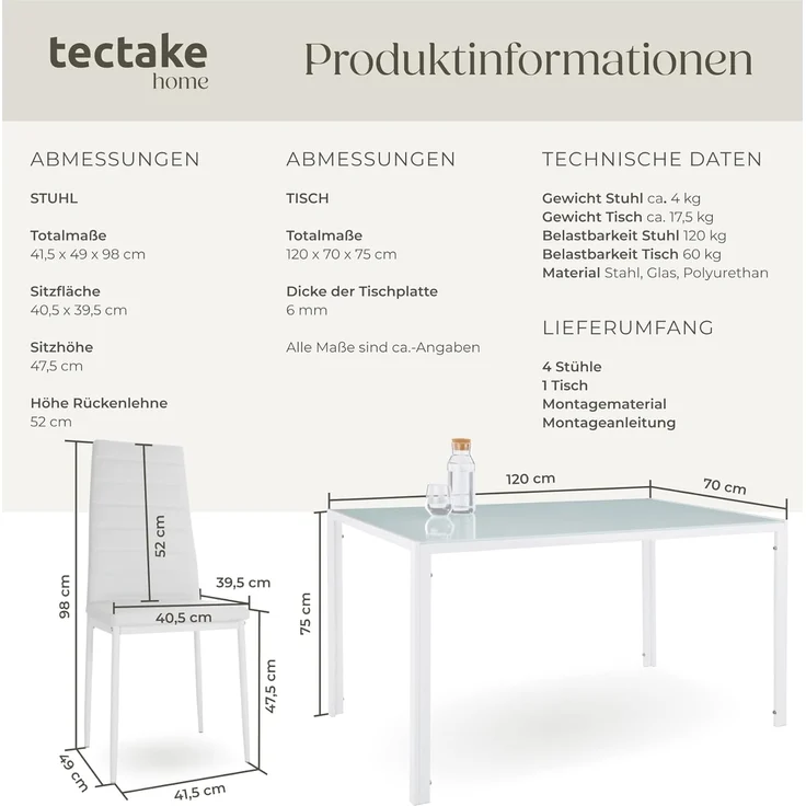 tectake Sitzgruppe Esszimmergruppe, (Set, 5-tlg), 5-teilig – Bild 6