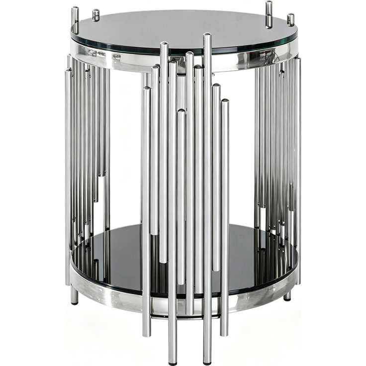 Beistelltisch rund H 55 x T 45 x B 45 cm mit 2 Ebenen, schwarzes gehärtetes Glas und Edelstahlgestell in Silber – Bild 6