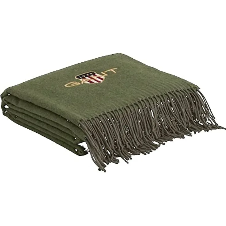 GANT Wohndecke - Archive Shield Throw, Baumwoll-Woll-Gewebe, Fischgrät-Muster Grün 130x180 cm