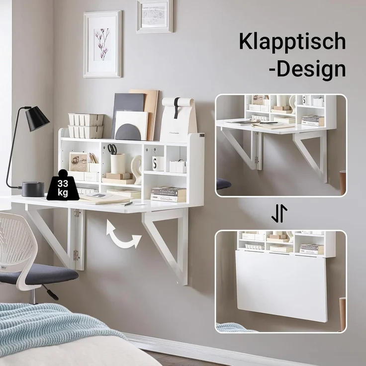 Wandklapptisch Schreibtisch mit Integriertem Schweberegal weiß FWT07-W – Bild 6