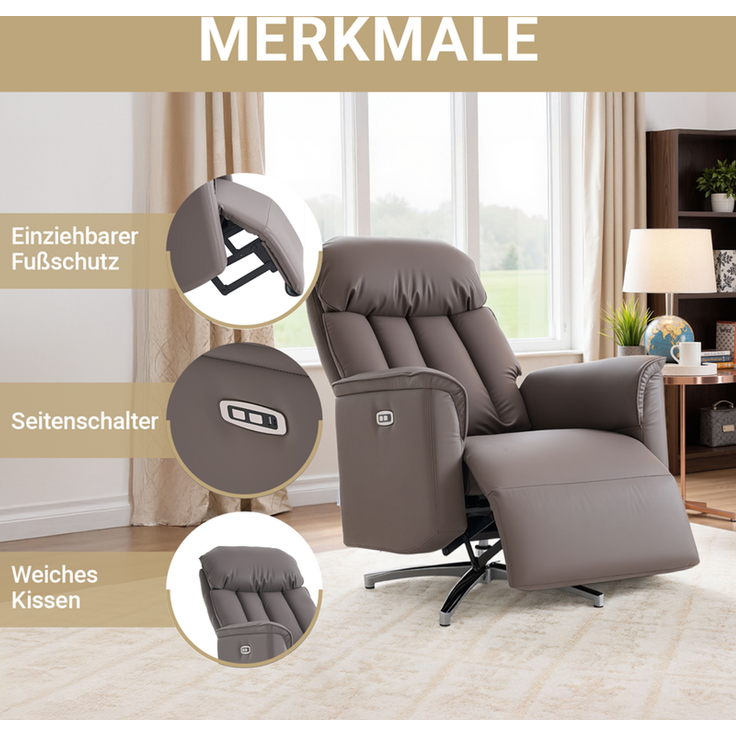 HOME NATURE WOHNKONZEPT Elektrischer Relaxsessel mit USB-Anschluss, elektrisch verstellbarer TV-Sessel mit Liegefunktion, Kunstleder Braun, bis 350 kg, FT9202 – Bild 4