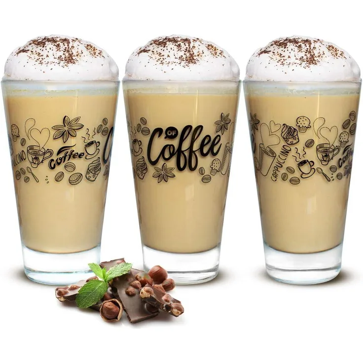 6 Latte Macchiato Gläser 310ml Kaffeegläser Teeggläser Teegläser mit schwarzem Kaffee-Aufdruck