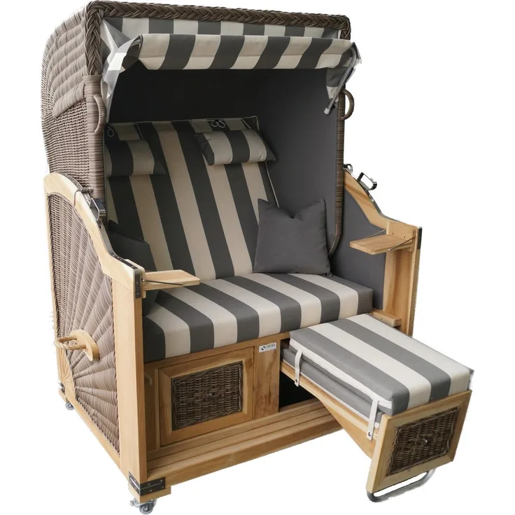 Strandkorb Teak koboo grau / cremeweiß Stoff 2 Sitzer Voll-Liegemodell
