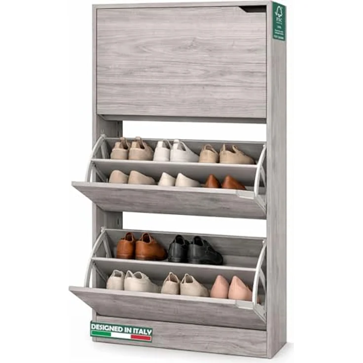 BAKAJI Schuhschrank aus MDF-Holz mit 3 Türen, Schuhregal, versenkbare Griffe, doppelte Tiefe, kompakte Größe, 63 x 24 x 115 cm, platzsparend, Eingangsbereich zu Hause (Grau) – Bild 2