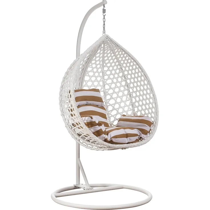 Luxus Hängesessel Style XXL Rattan Korb und Gestell Weiss mit Relaxkissen Braun