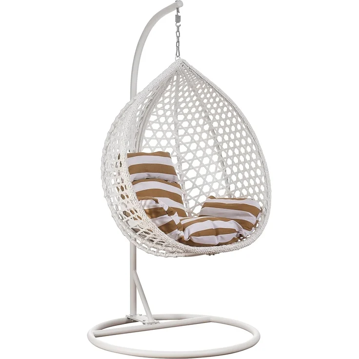 Luxus Hängesessel Style XXL Rattan Korb und Gestell Weiss mit Relaxkissen Braun – Bild 1