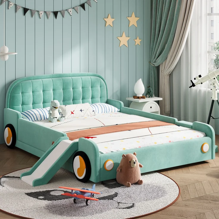 Kinderbett, Autobett mit Rutsche und Treppe, links/rechts montierbar, weiches Polsterbett in Blaugrün, Spielbett mit Fallschutz für Kinderzimmer, 140x200 cm – Bild 1