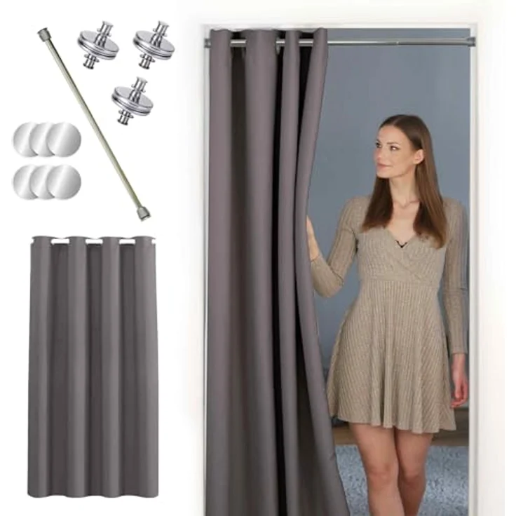 tinycurtains Türvorhang mit Stange silber 70-120 cm Thermo Vorhang ohne Bohren, mit Magneten, Ösen, abdunkelnd, Polyester, grau Nebula, Türgardine mit Klemmstange Raumtrenner verdunkelnd – Bild 2