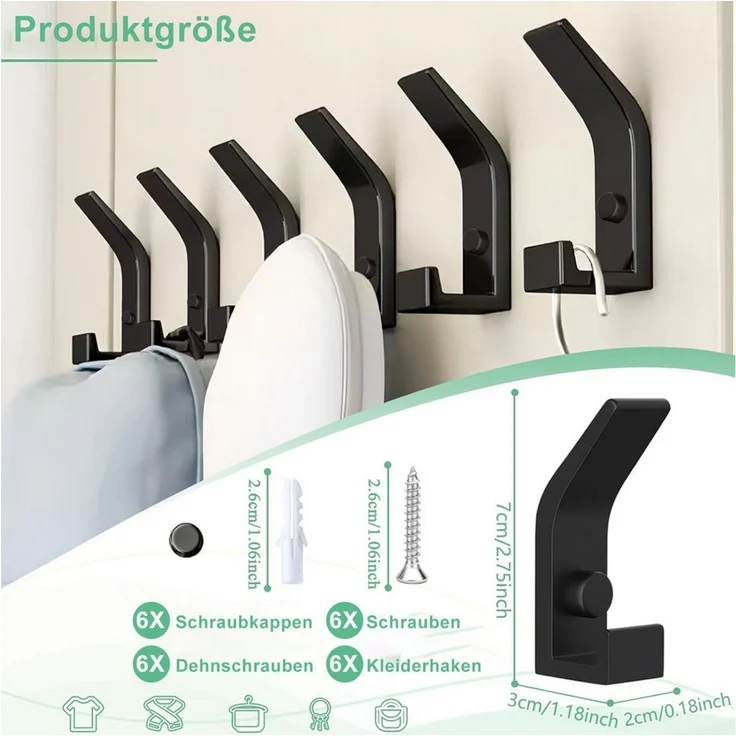 Forrlite Kleiderhaken, Garderobenhaken, Kleiderhaken zum Schrauben, Wandgarderobe, (Haken für Akustikpaneele, Schlafzimmer, Wohnzimmer, Badezimmer, (6-St), Wandhaken für Garderobe, Jacken, Hut, Metall, Schwarz) – Bild 2