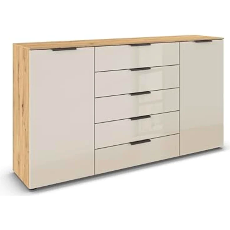 Rauch Möbel Flipp, Kommode für Schlafzimmer, Kinderzimmer, Wohnzimmer, Jugendzimmer, Flur, Garderobe, 2-türig, 5 Schubladen, mit Softclose-Funktion, Farbe Eiche Artisan, Holz/Glas Beige, Breite 180 cm – Bild 2