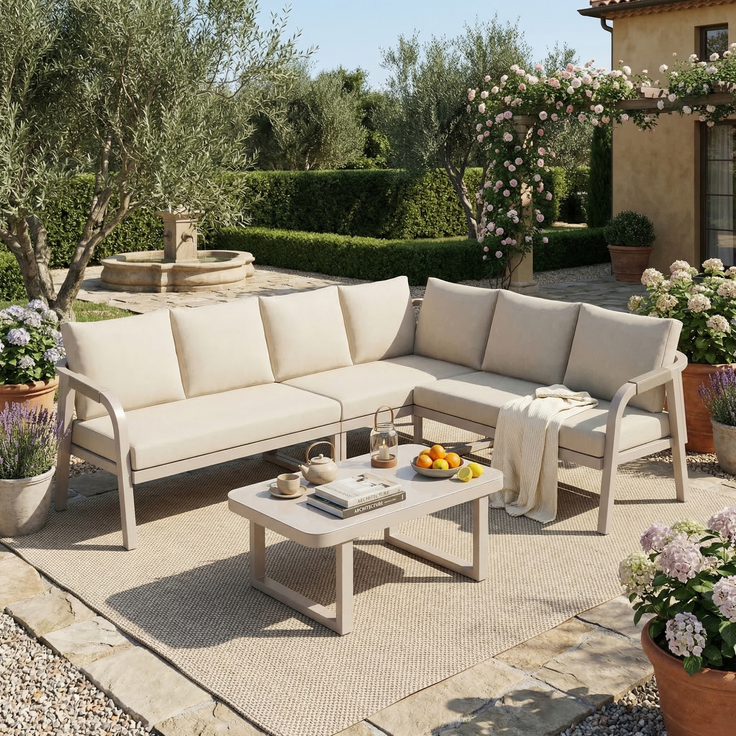 Merax Gartenmöbel-Set 6 Sitzer, Gartenlounge-Set Gartensofa mit Kissen und Tisch, Gartengarnitur Sofagarnitur Geflochten, Beige – Bild 2
