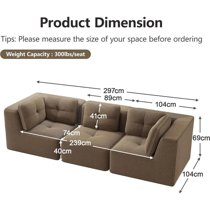 3 Sitzer Sofa Ecksofa Cordstoff Polsterung Armlehnen Braun 3-Sitzer – Bild 2