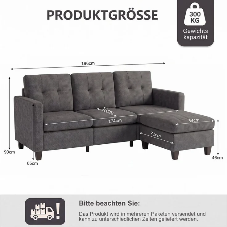 Jiexi Sofa Sofa Ecksofa 2-Sitzer / 3-Sitzer mit Hocker L-Form Couch Stoff – Bild 3