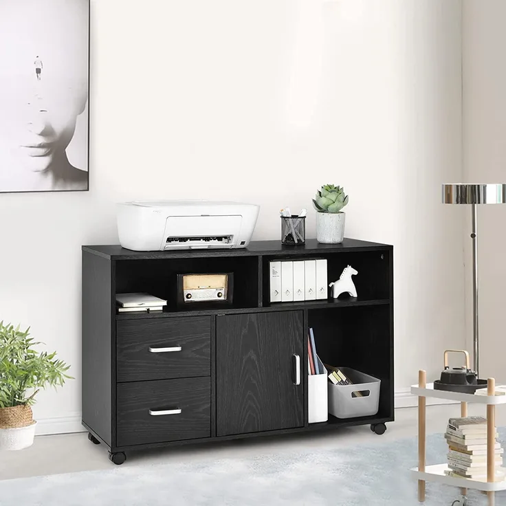 COSTWAY Rollcontainer mit 3 offenen Fächern, 2 Schubladen, Türschrank, frei beweglich, für Dokumente in DIN A4, Letter-Format, Drucker, Aktenschrank Holz schwarz