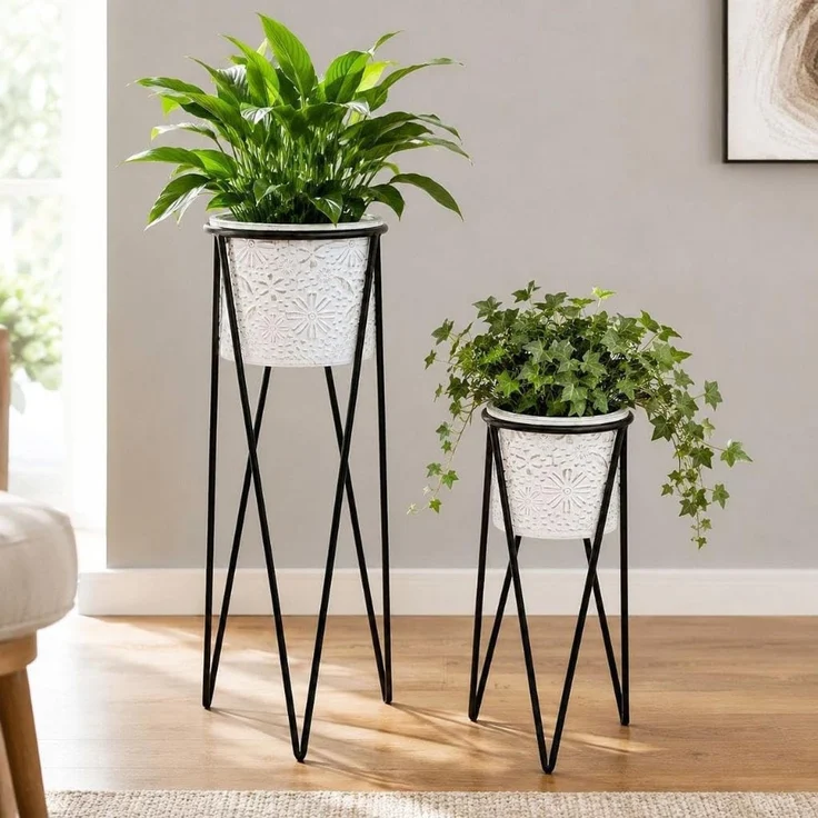 DanDiBo Blumenständer mit Topf Metall Schwarz Weiß 2er Set Blumenhocker 96043 Blumensäule Modern Pflanzenständer Pflanzenhocker – Bild 1