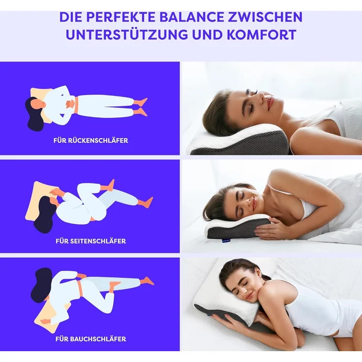 Wolkenfeld Nackenkissen für Seiten, Rücken & Bauchschläfer - Orthopädisches Kissen, Kopfkissen Nackenschmerzen Reduzierung, Memory Foam Nackenkopfkissen, Ergonomisches Kopfkissen - Seitenschläferkissen – Bild 4