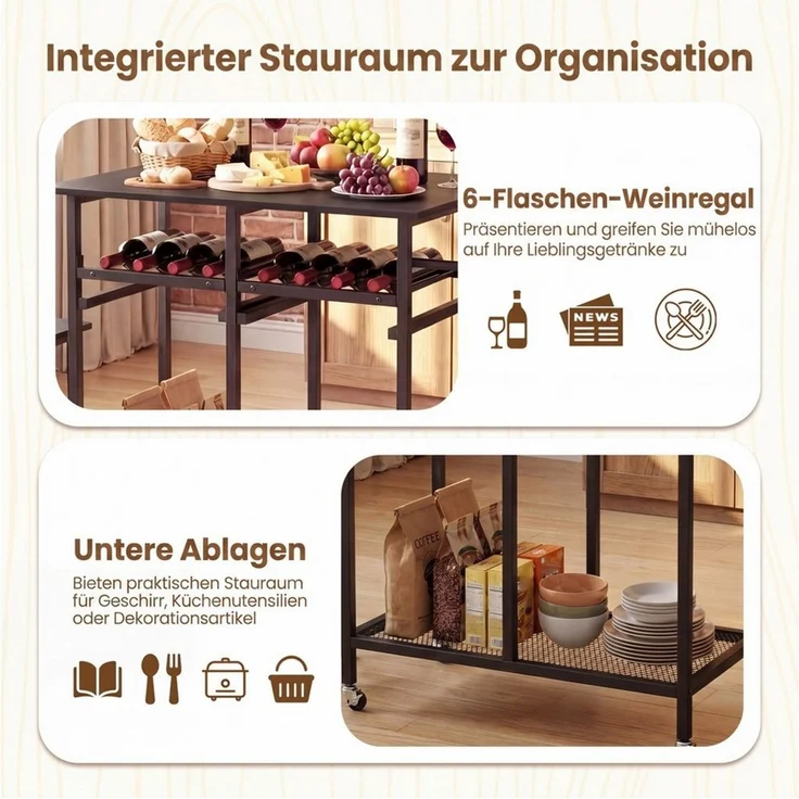 COSTWAY Esstisch, Set 3 tlg. mit 2 Hockern, klappbares Bartisch auf Rollen – Bild 3