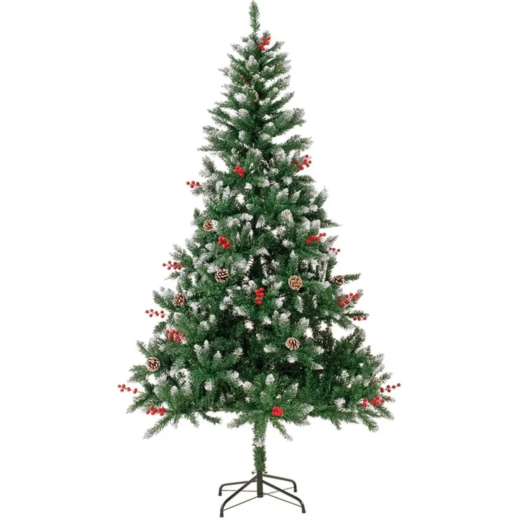 HOMAVO Künstlicher Weihnachtsbaum mit Ständer & Schnee, 150/180/210 cm, PE-Spritzguss, mit Tannenzapfen & roten Beeren, für Zuhause, Garten & Weihnachtsfeier(210cm)