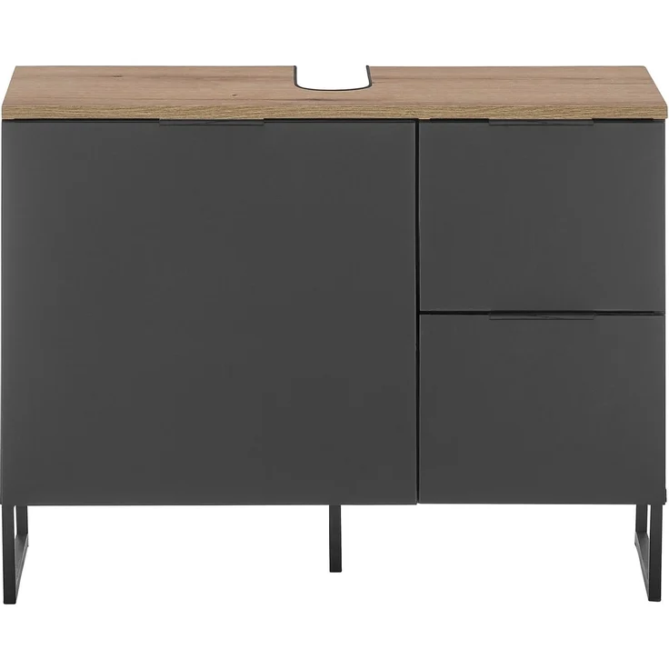 Waschbeckenunterschrank >Denver< 1 Tür, 2 Schübe, schwarz matt / evoke eiche Dekor - 80x60x35 (BxHxT) – Bild 3